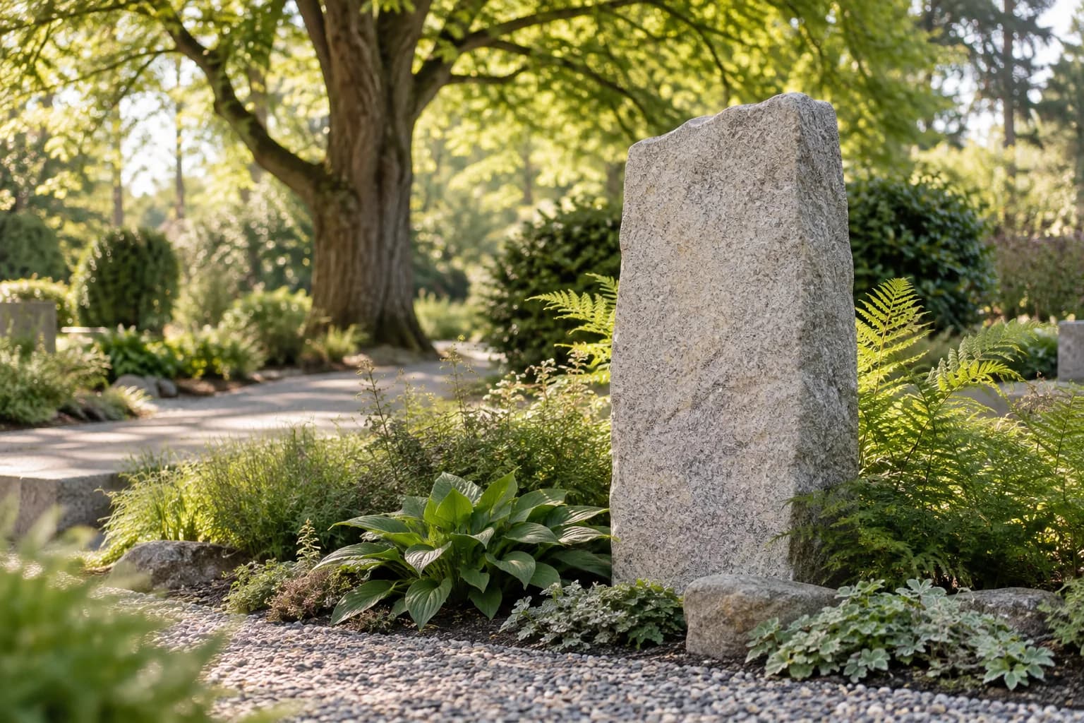 Gestaltungsbeispiel eines hellen Natursteins in einer ruhigen Gartenanlage