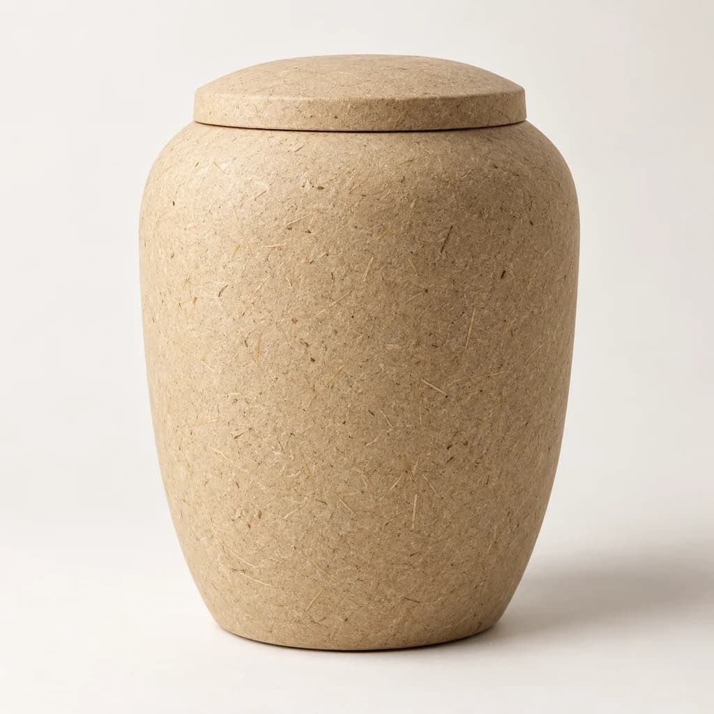 Materialbeispiel einer naturfarbenen Urne mit Pflanzenfaserstruktur