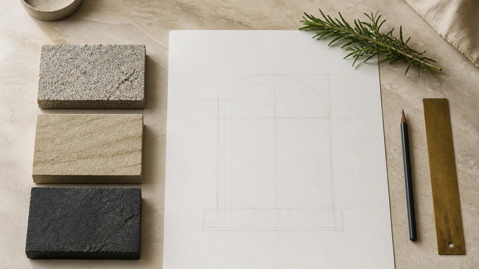 Natursteinmuster, Grabsteinskizze, Bleistift und Lineal auf einem hellen Tisch